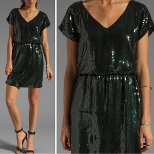Trina Turk, size 8, goldfinger blouson dark green sequined dress